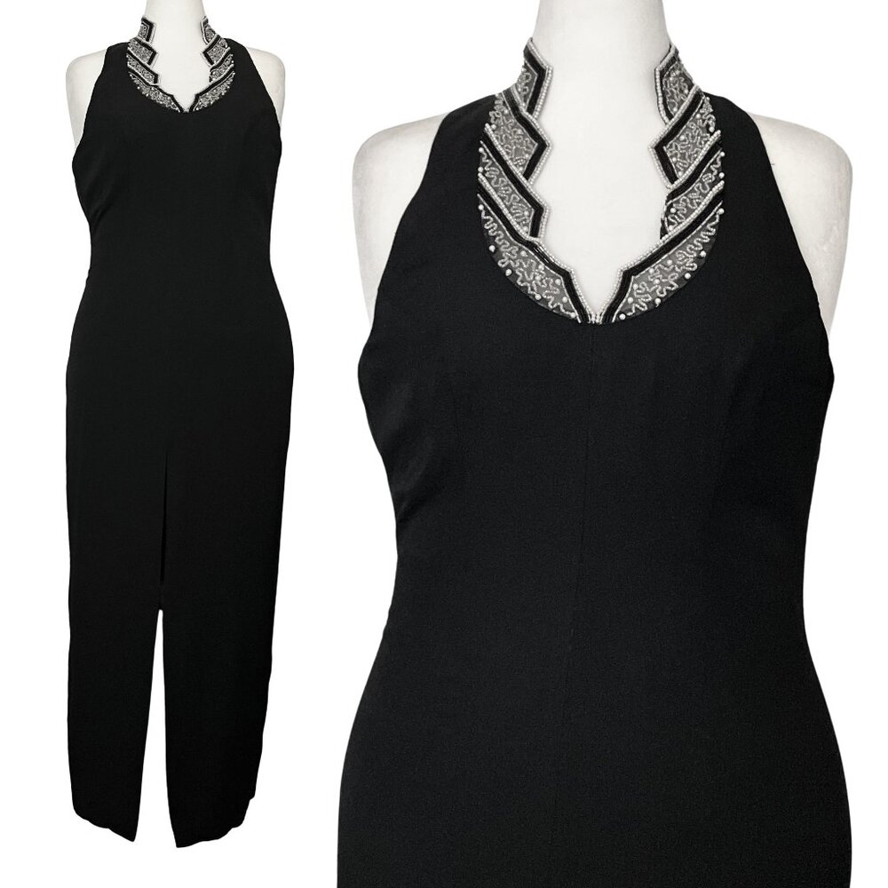 Vintage 90s Black Beaded Halter Prom Formal Dress. M/L 14. Art Deco Whimsigoth - Picture 2 of 10